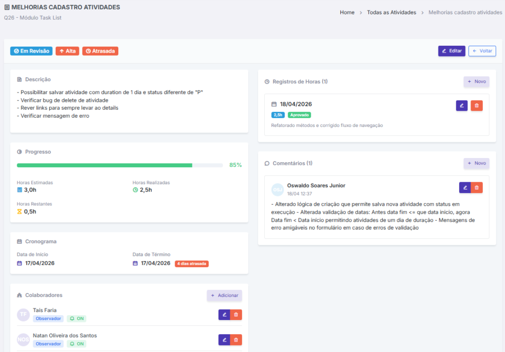Detalhe da atividade — colaboração, timelog e histórico