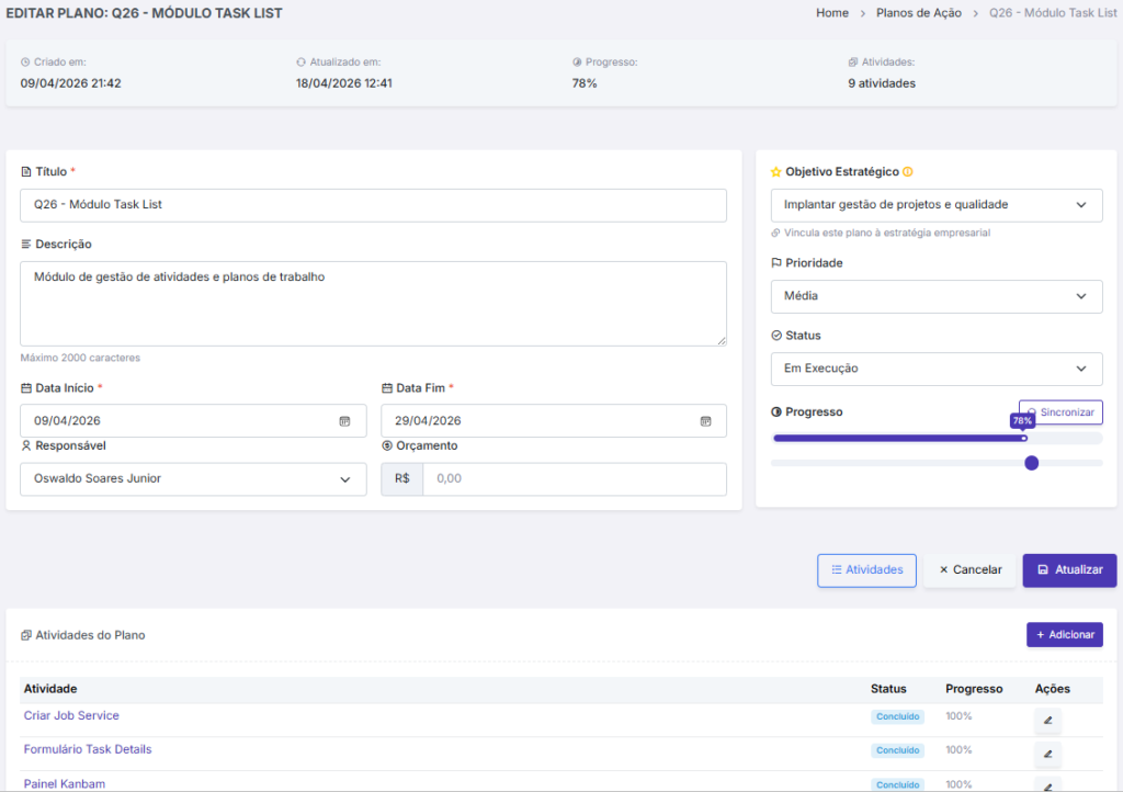 Projeto vinculado ao objetivo estratégico no Qubex