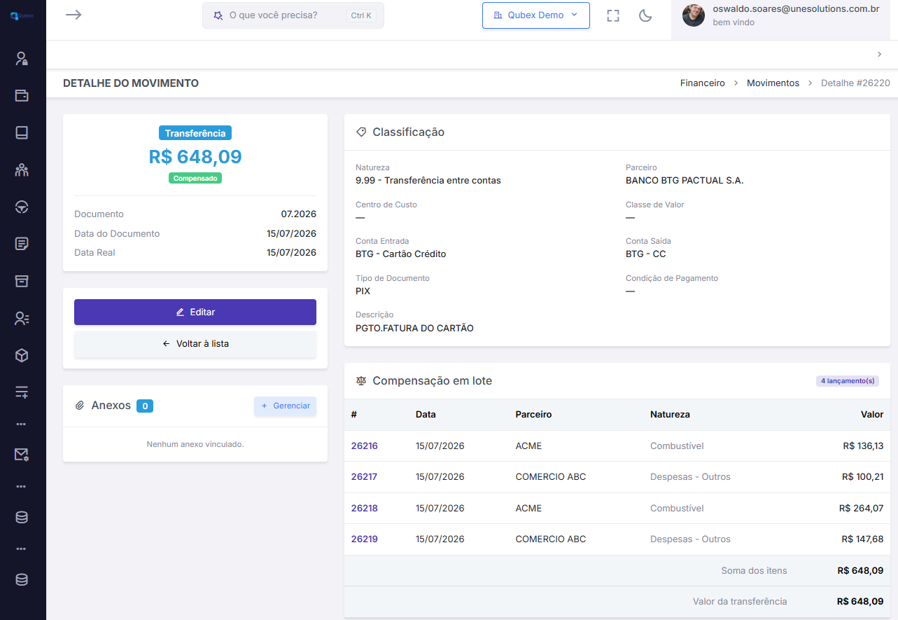 Detalhe da transferencia no Qubex listando os documentos compensados em lote
