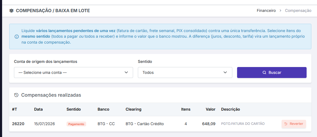 Lista de compensacoes realizadas no Qubex com botao reverter