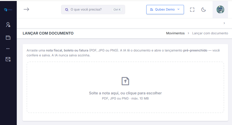 Tela Lancar com documento do Qubex: area para arrastar a nota fiscal em PDF