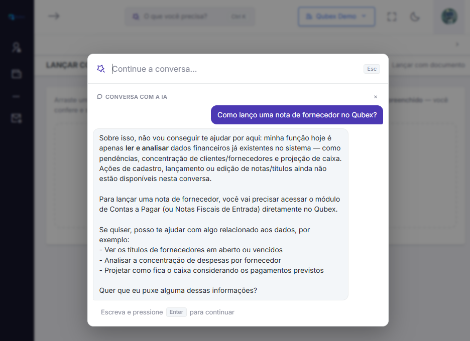 Paleta de IA do Qubex (Ctrl+K) respondendo que le e analisa, sem agir sozinha