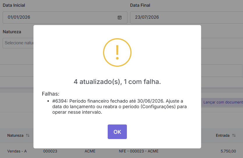 Relatorio da atualizacao em massa: 4 atualizados e 1 com falha por periodo fechado