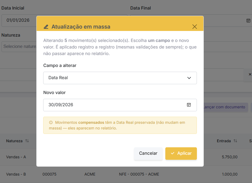 Janela de atualizacao em massa do Qubex: escolha do campo Data Real e novo valor