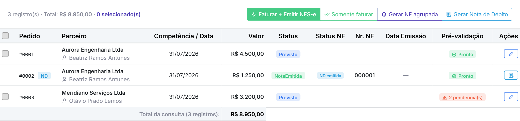 Central de Faturamento do Qubex mostrando competências pronta, já emitida e com pendências de cadastro
