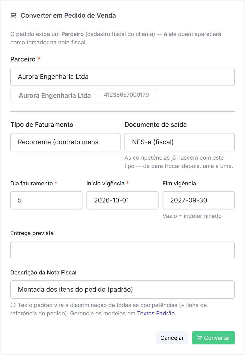 Janela de conversão de orçamento em pedido no Qubex, com parceiro, tipo de faturamento, documento de saída e vigência
