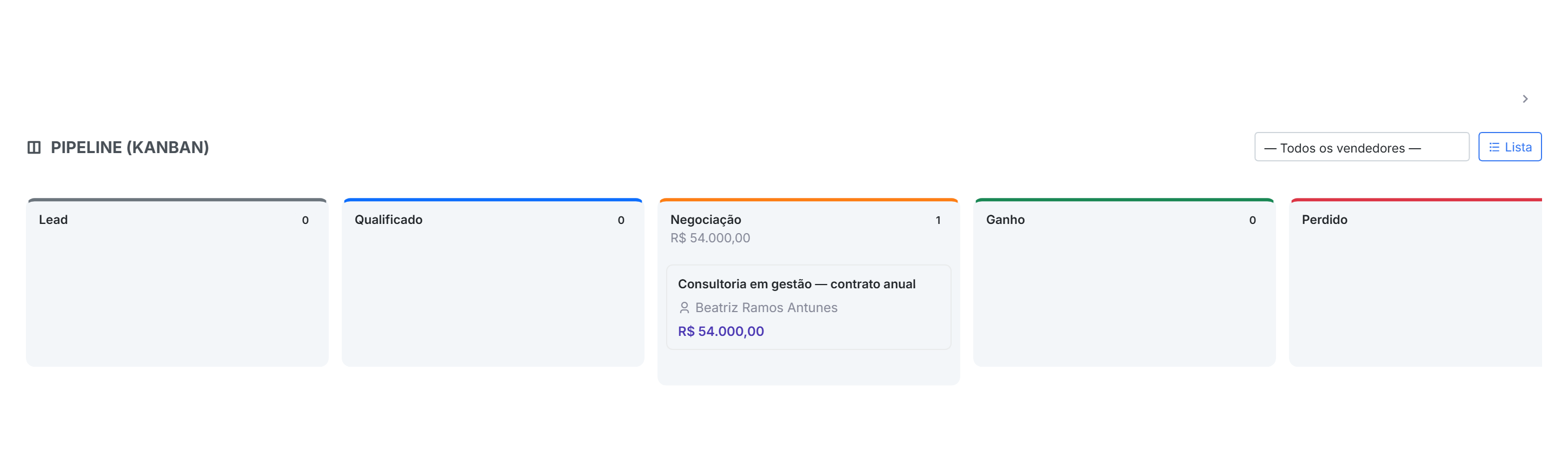 Pipeline em Kanban do Qubex com colunas por estágio do funil e o total de cada uma