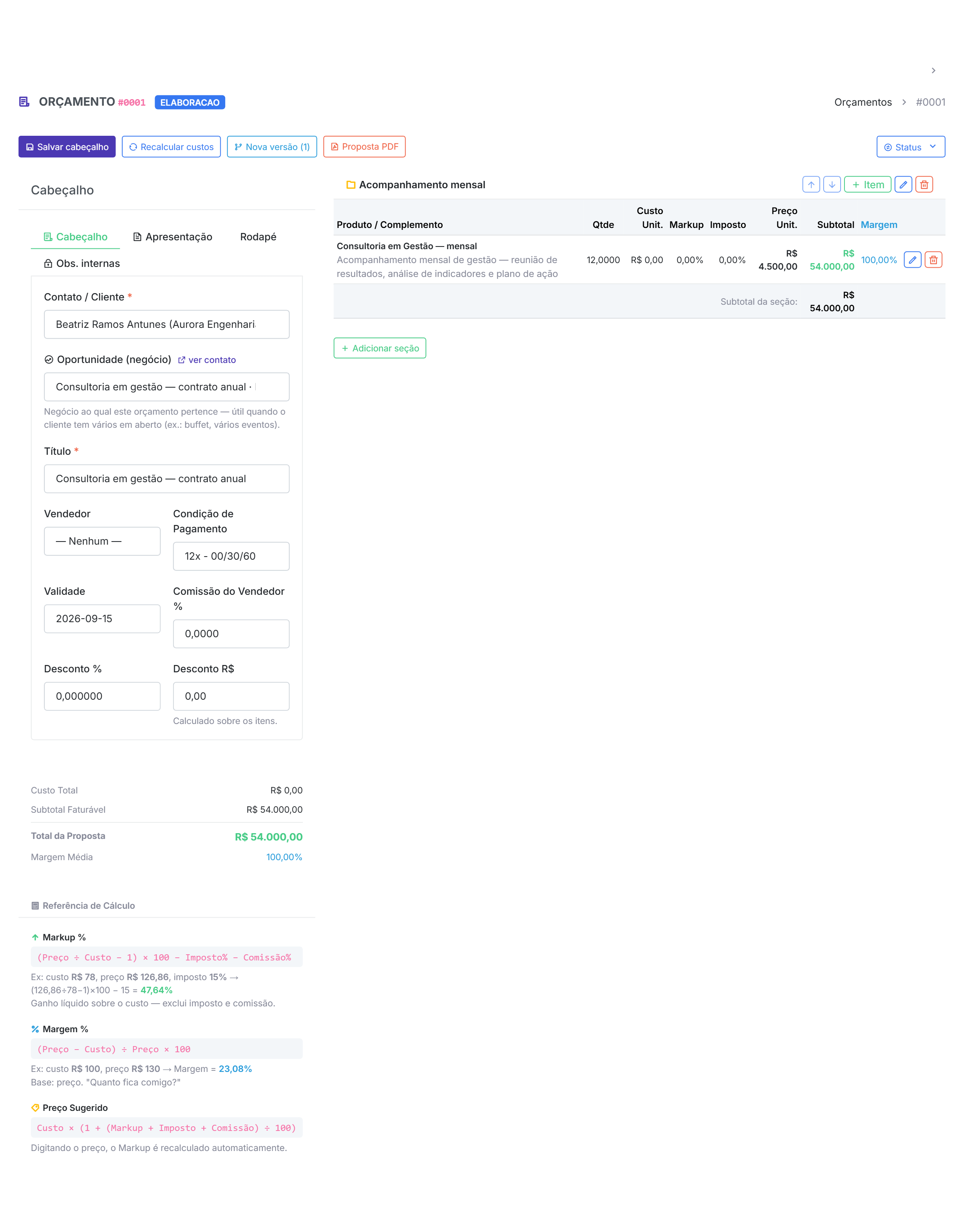 Editor de orçamento do Qubex com cabeçalho, seção, item e total da proposta