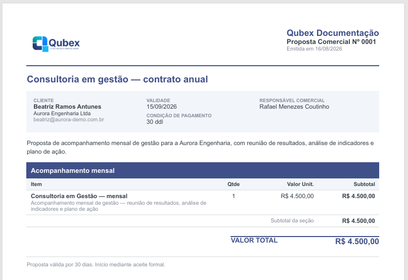 Proposta comercial em PDF gerada pelo Qubex, com logo e nome da empresa, dados do cliente, responsável comercial, itens e valor total
