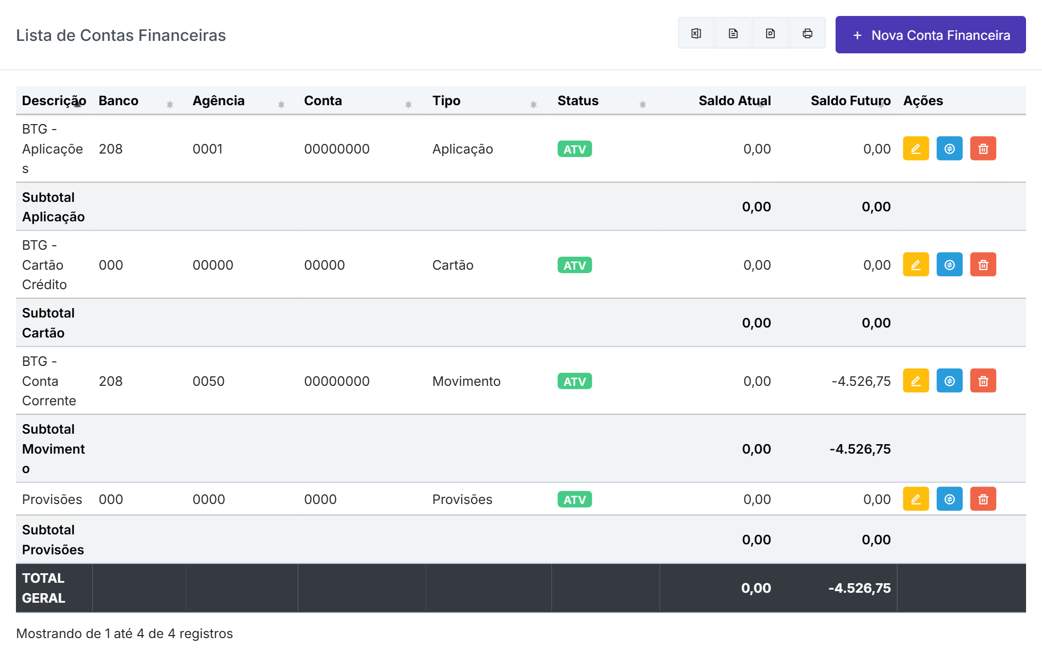 Tela de Contas Financeiras do Qubex com o resumo por tipo e a lista separando Movimento, Aplicação, Cartão e Provisões
