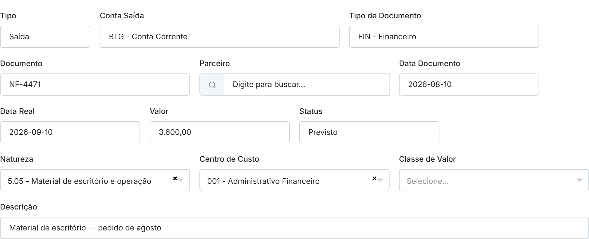 Aba Dados do Movimento do Qubex preenchida com tipo saída, conta, tipo de documento, as duas datas, valor e classificação