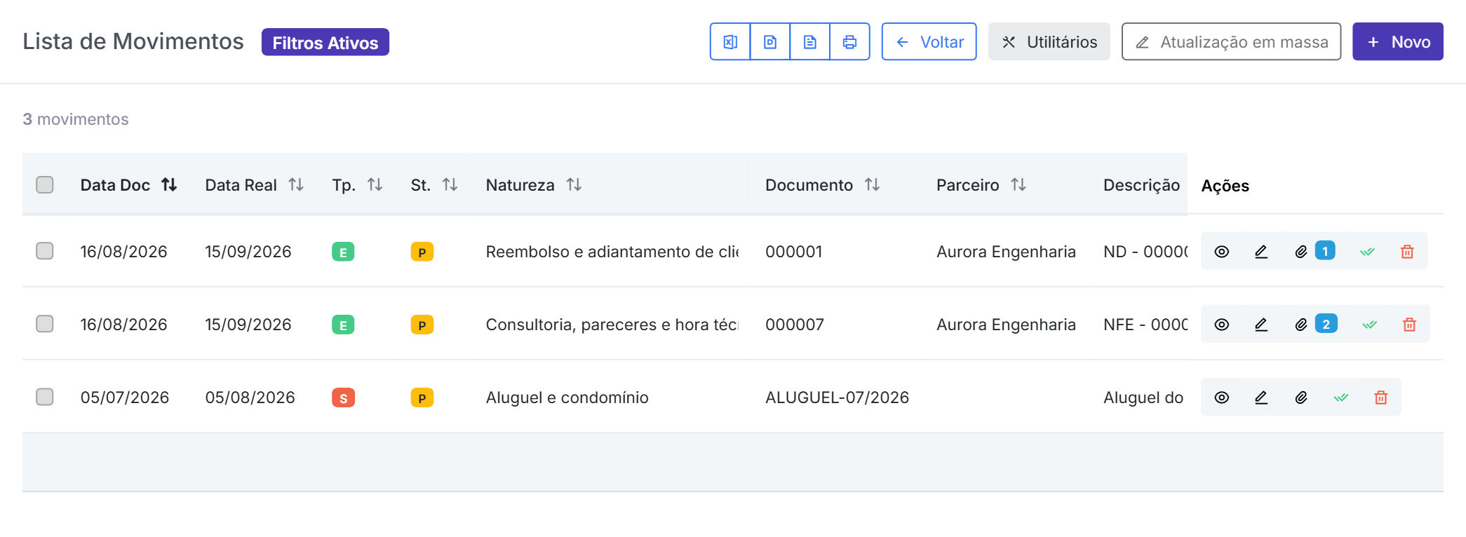 Lista de movimentos financeiros do Qubex mostrando Data do Documento e Data Real lado a lado, com tipo e status de cada lançamento