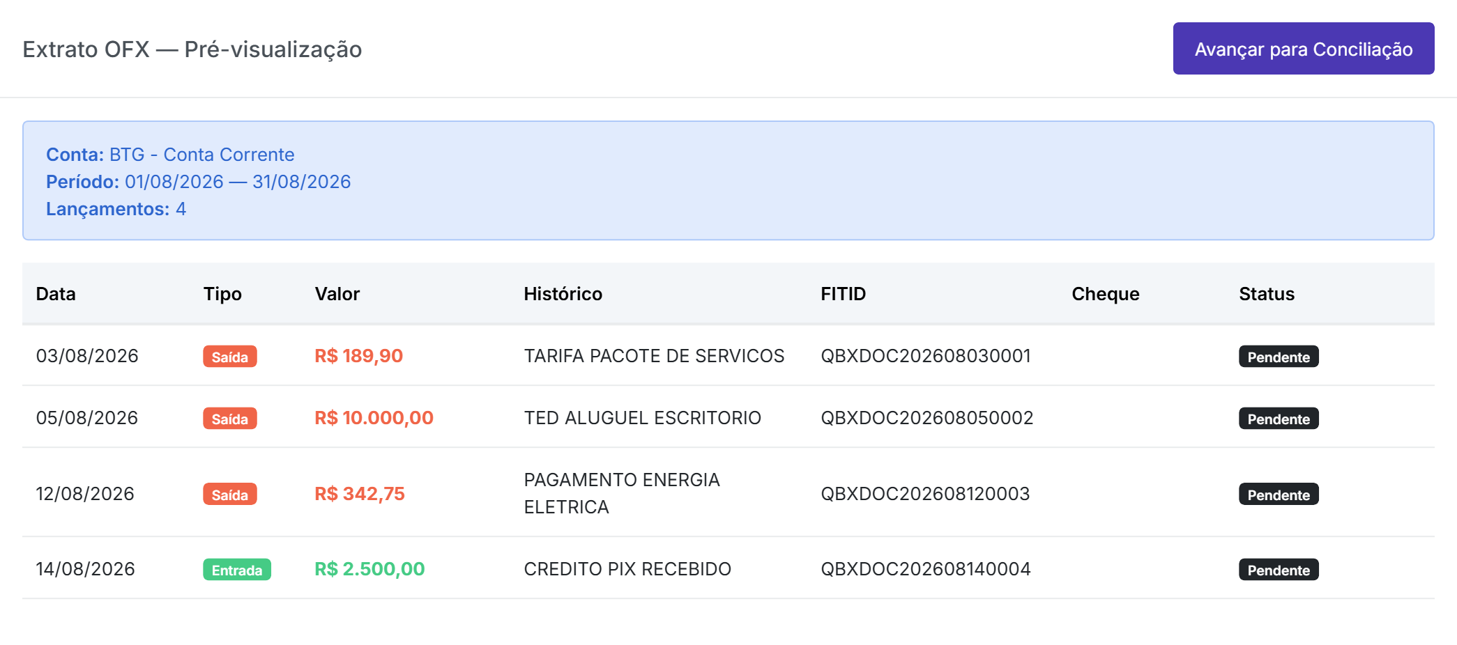 Pré-visualização do extrato OFX no Qubex com a conta reconhecida, o período e as linhas do banco pendentes