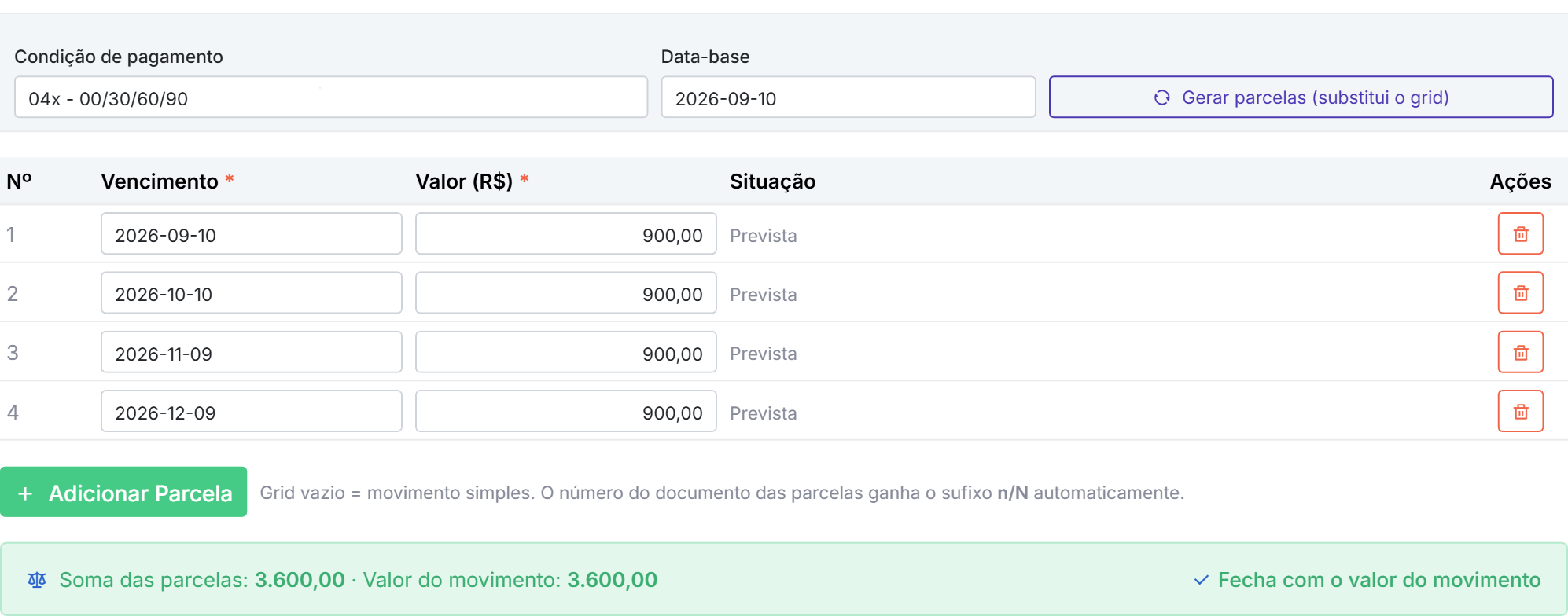 Aba Parcelamento do Qubex com o gerador de condição de pagamento, o grid de parcelas e o rodapé confirmando que a soma fecha