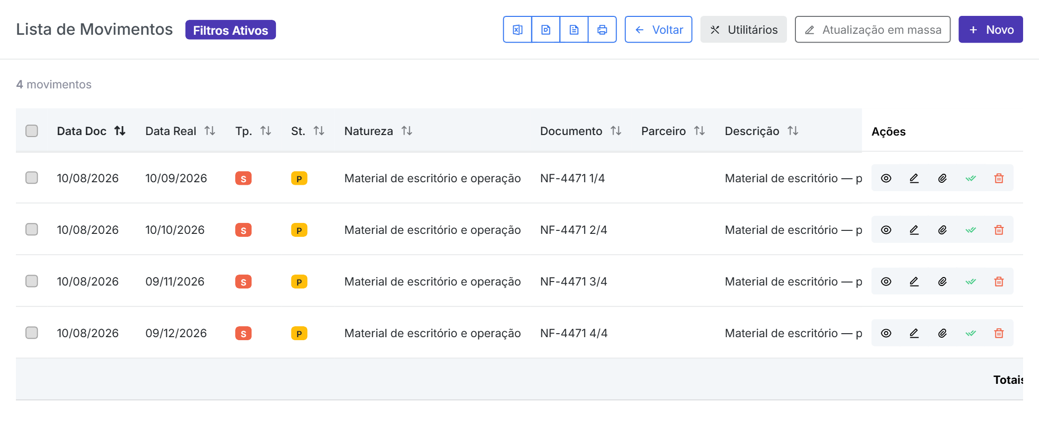 Lista de movimentos do Qubex com as quatro parcelas geradas, numeradas 1/4 a 4/4, mesma data de documento e vencimentos mensais