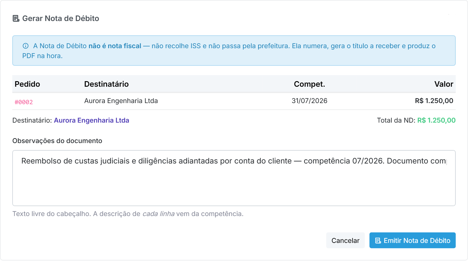 Janela de emissão da Nota de Débito no Qubex, com o aviso de que a ND não é nota fiscal e não recolhe ISS