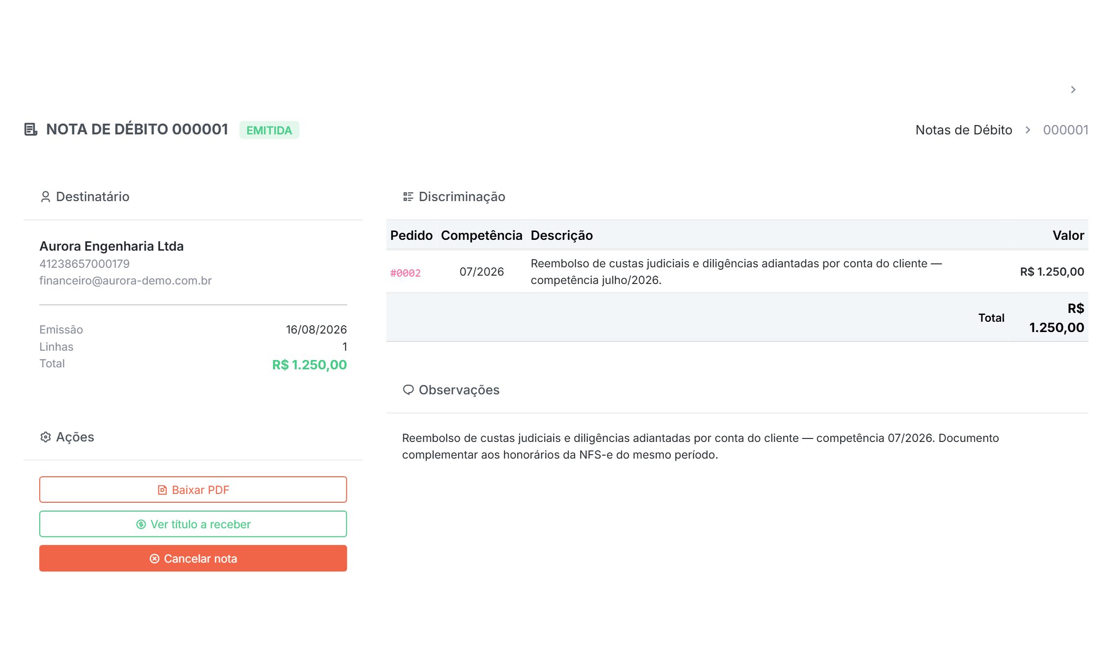 Nota de Débito 000001 emitida no Qubex, com destinatário, discriminação por competência e ações de PDF e título a receber