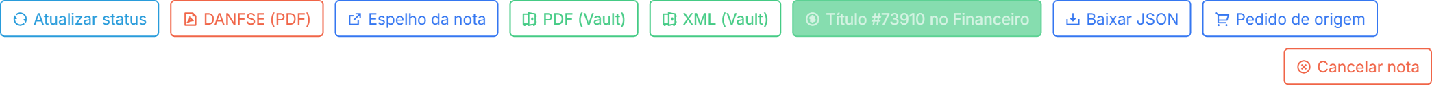 Barra de ações de uma NFS-e autorizada no Qubex: DANFSE em PDF, espelho, PDF e XML no Vault e o título gerado no Financeiro