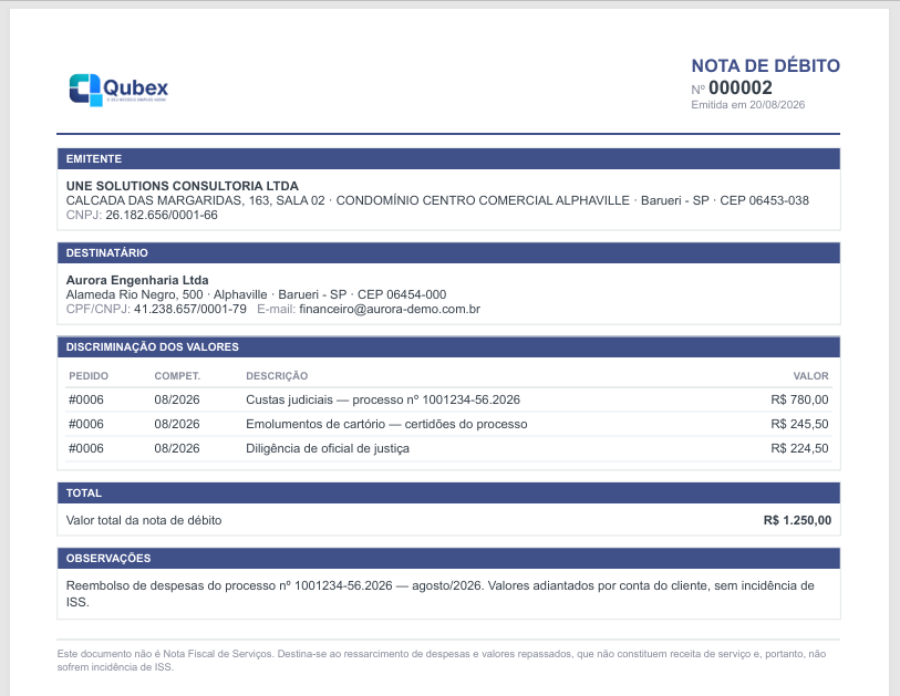 PDF da Nota de Débito itemizado com disclaimer de que não é nota fiscal e não tem ISS
