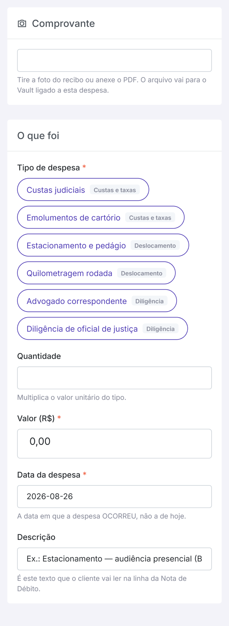 Tela de lançar despesa do Qubex no celular, com o campo de comprovante primeiro e os tipos de despesa empilhados