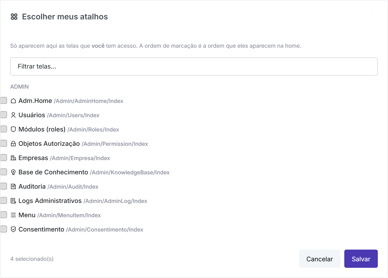 Janela Escolher meus atalhos do Qubex, com as telas agrupadas por área e caixas para marcar