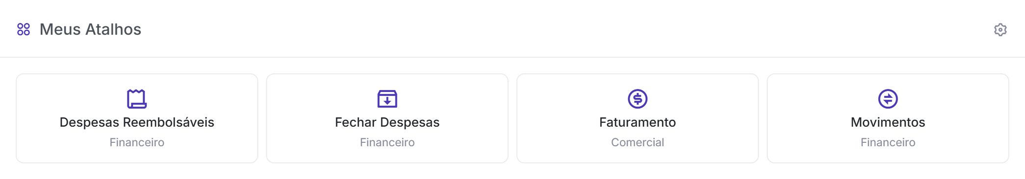Widget Meus Atalhos na home do Qubex, com quatro telas escolhidas pelo usuário