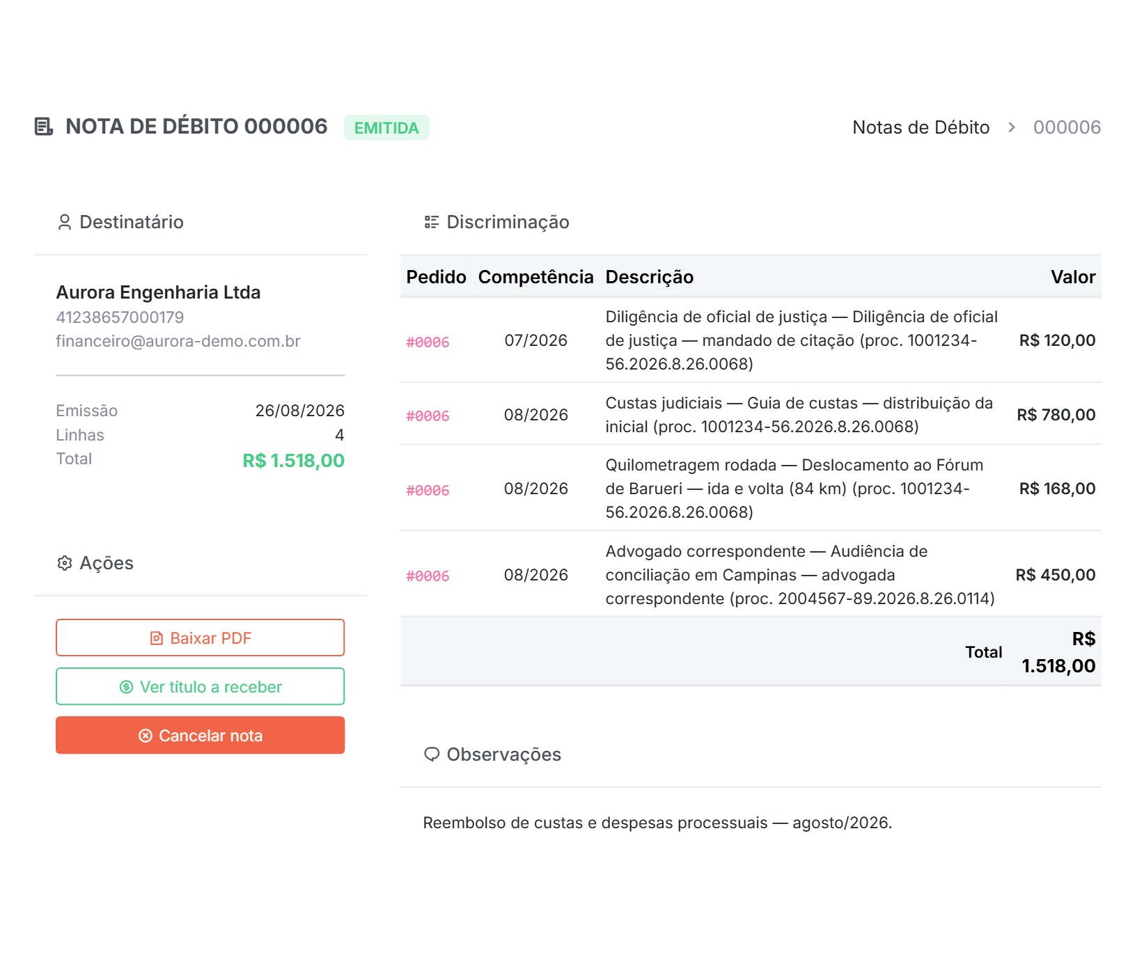 Nota de Débito 000006 do Qubex itemizada, com uma linha para cada despesa reembolsável