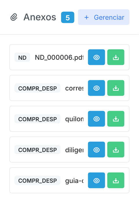 Anexos do título da Nota de Débito no Qubex: o PDF da nota e os quatro comprovantes das despesas