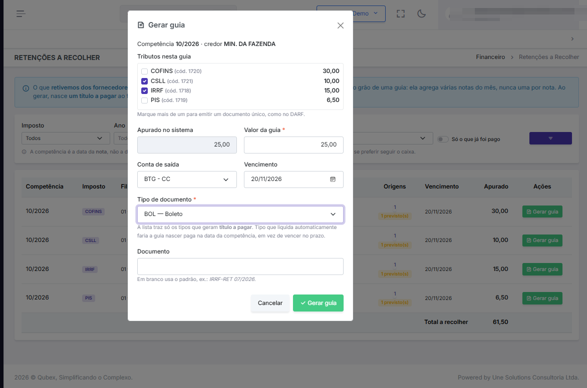 Gerar guia de retenção no Qubex com valor editável e agrupamento em DARF