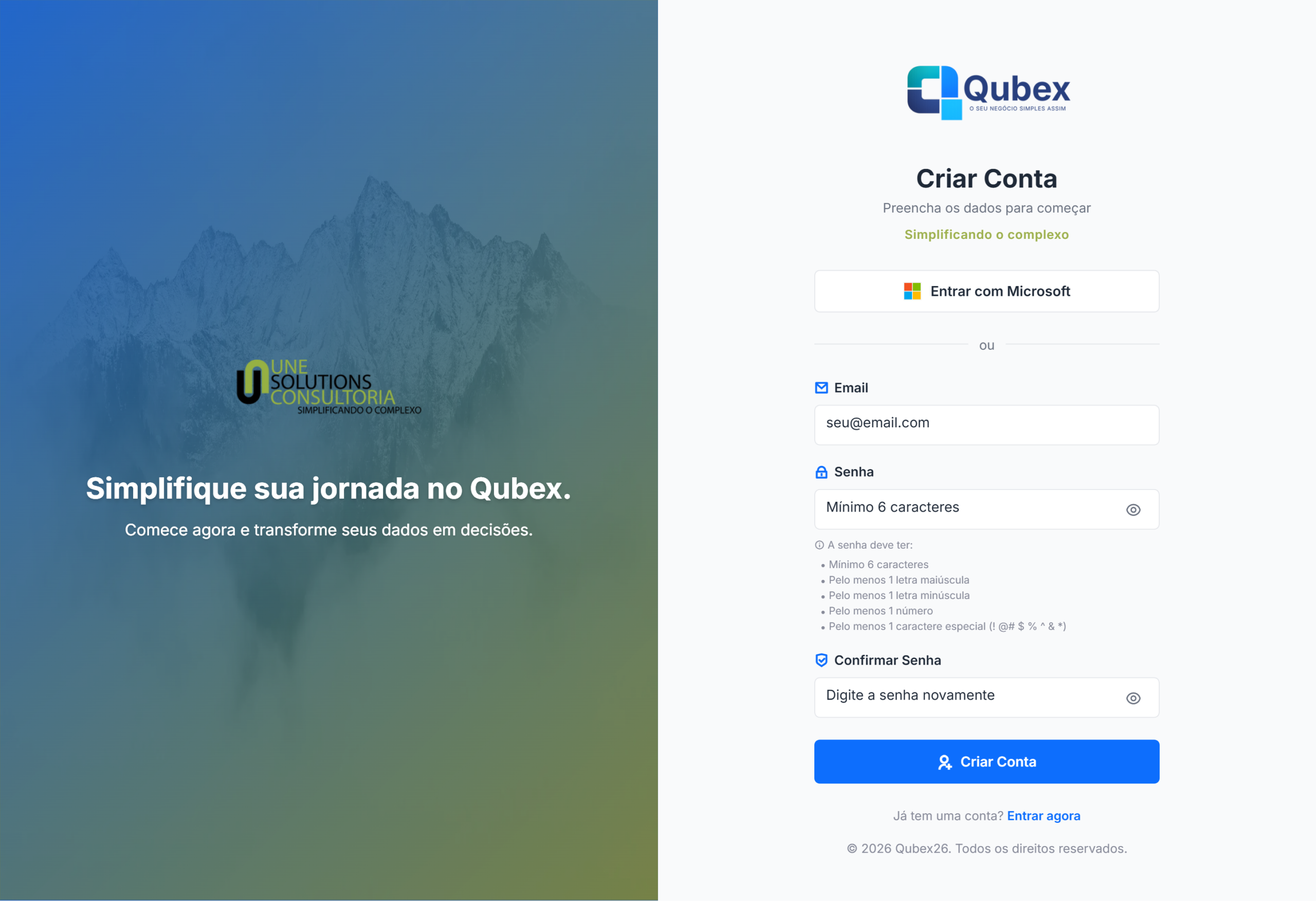 a tela Criar Conta, com o botão da Microsoft em cima e o formulário embaixo.