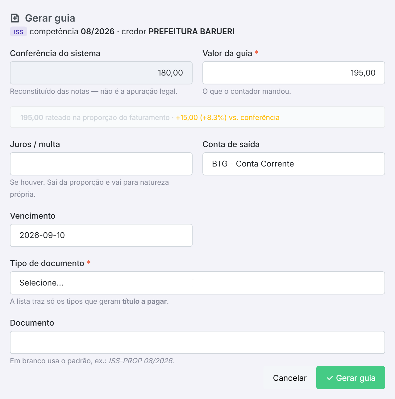 a conferência de um lado, o valor digitado do outro, e o comparativo embaixo.