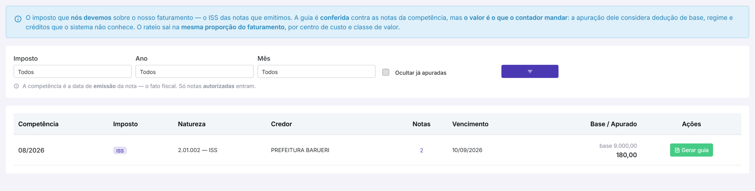 a competência pendente, com a base do faturamento e o valor apurado.