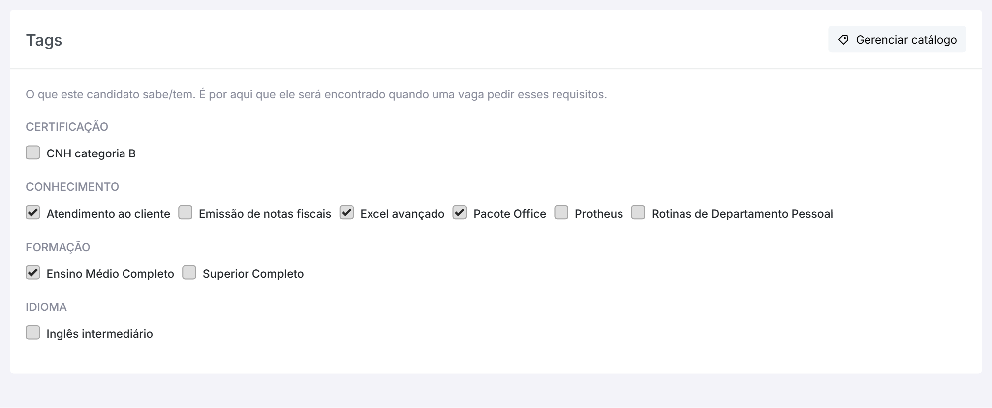 o bloco de tags do cadastro, agrupado por tipo.