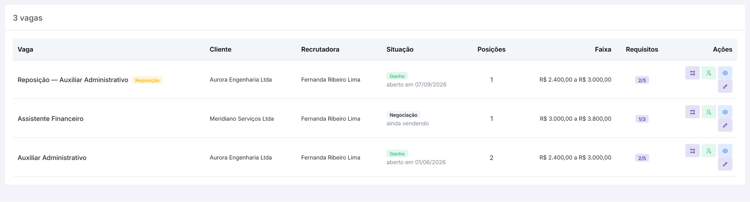 a lista de vagas, com os estados