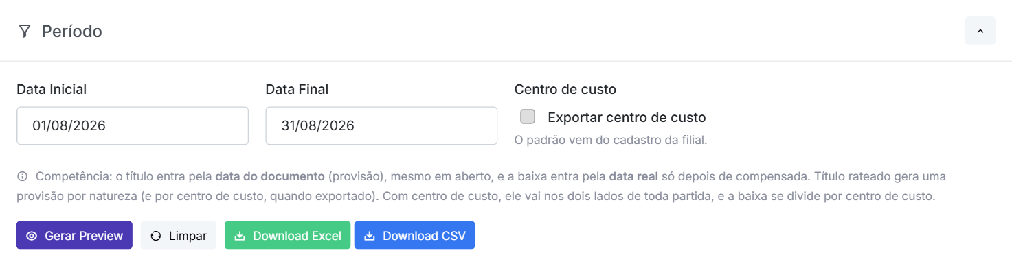 O período de agosto, o switch de centro de custo e os botões de download, que aparecem depois do preview.