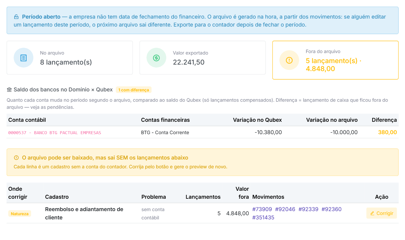 Uma natureza sem conta contábil tira 5 lançamentos do arquivo, e o banco do Domínio ficaria R$ 380,00 acima do extrato.
