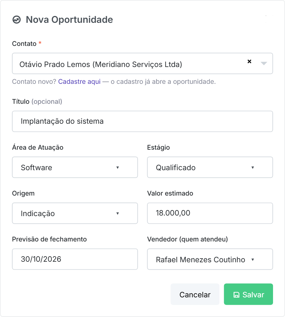 o formulário da nova oportunidade, com a busca de contato e a Área de Atuação.