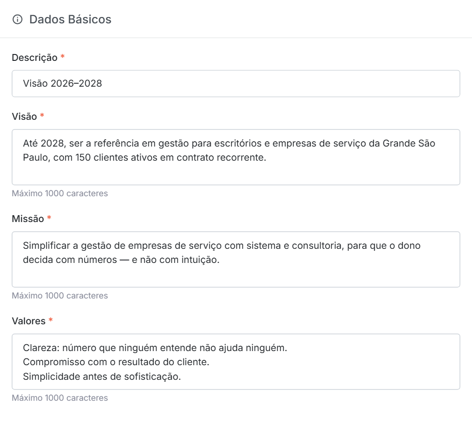 Visão, missão e valores da empresa de exemplo.