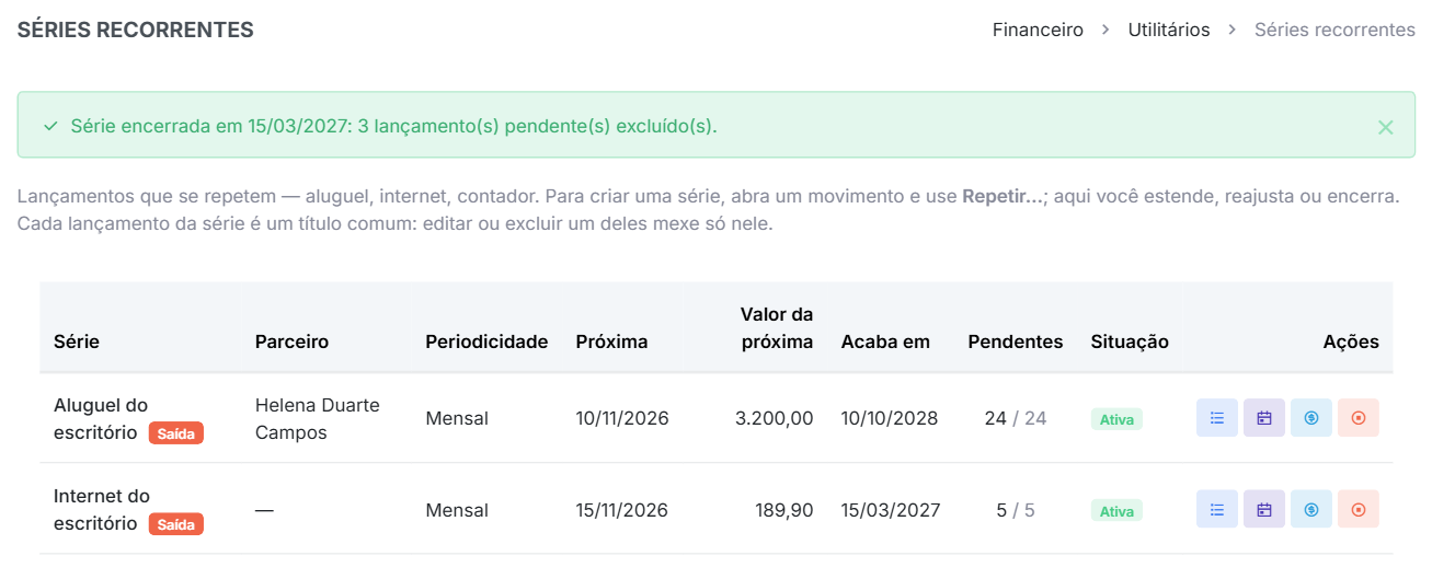 Duas séries: o aluguel, estendido até 2028, e a internet, encerrada em março.