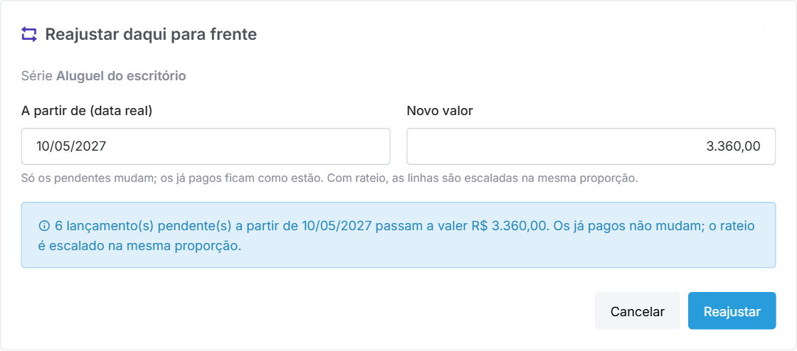 Reajuste do aluguel para R$ 3.360,00 a partir de maio/2027: 6 lançamentos mudam.